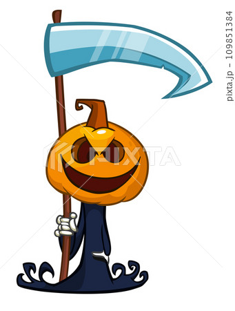 Grim reaper pumpkin head cartoon character with scythe. Halloween jack o lantern illustration design for party invitation or poster. Vector scarecrow 109851384