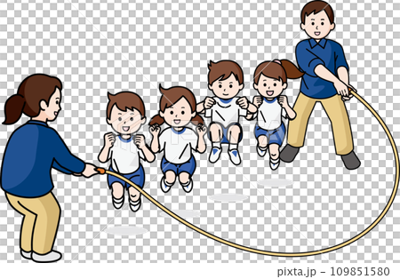 Children and teacher jump rope in gym clothes Children and teacher jump rope in gym clothes 109851580