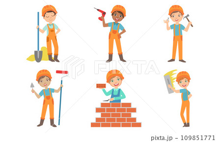 Cute Kids Construction Workers Set, Boys and Girls Builders Characters in Uniform and Hard Hats with Professional Tools Vector Illustration 109851771