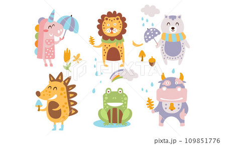 Cute Forest Animals Set, Autumn Season Design Elements, Unicorn, Lion, Cat, Hedgehog, Frog, Cow Vector Illustration 109851776