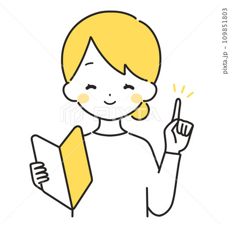 黄色｜初心者マークを持つ私服の女性｜指差し 109851803