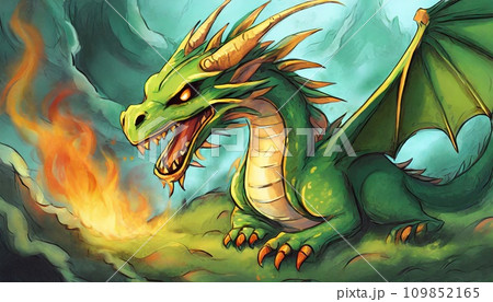 座っている緑のドラゴンのイラスト素材 [109852165] - PIXTA