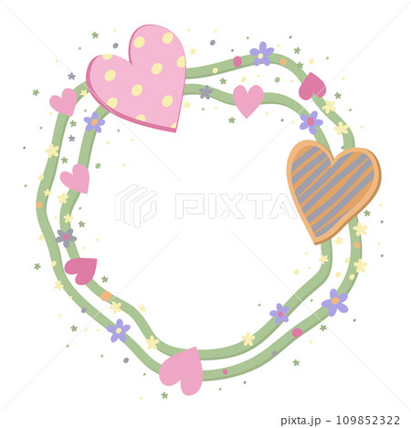 Vector rounded pastel frame with hearts and flowers isolated on white background. 109852322