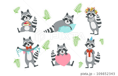 Cute Funny Raccoons Collection, Adorable Funny Animal Character in Different Situations Vector Illustration 109852343