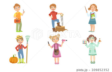 Cute Boys and Girls of Various Professions Set, Lumberjack, Teacher, Gardener, Farmer, Scientist Vector Illustration 109852352