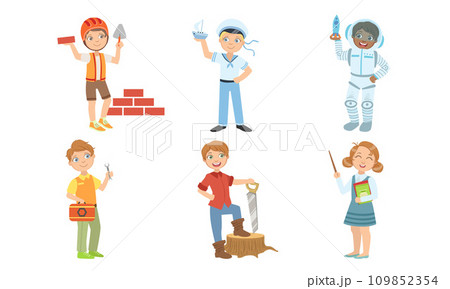 Cute Boys and Girls of Various Professions Set, Builder, Sailor, Astronaut, Lumberjack, Teacher Vector Illustration 109852354