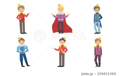 Cute Little Boys Wearing Prince Costumes with Crowns Set Vector Illustration 109852360