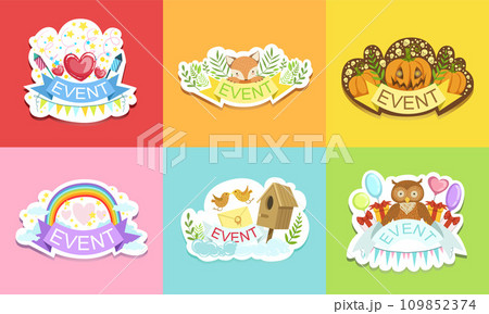 Holiday Stickers Set, Colorful Prints for Cards, Patches, Party Decoration Vector Illustration 109852374