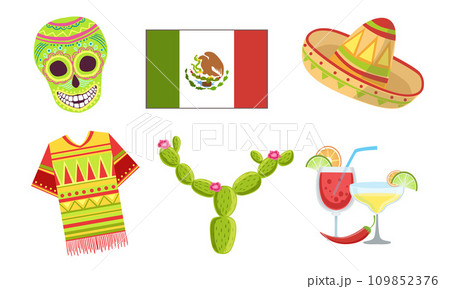 Traditional Cultural Mexico Symbols Set, Sugar Skull, Flag, Sombrero Hat, Cactus Vector Illustration 109852376