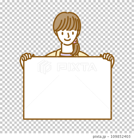 A woman smiles and poses holding a board 109852403
