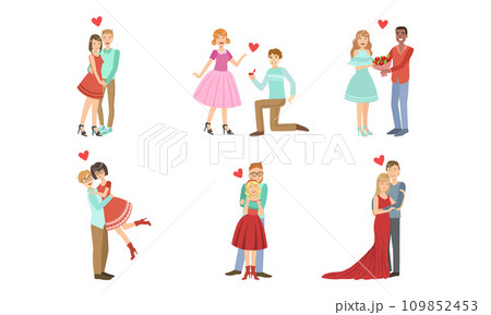 Happy Romantic Loving Couples Collection, Young Men and Women on Date, Walking, Hugging, Making Proposal Vector Illustration Happy Romantic Loving Couples Collection, Young Men and Women on Date, Walking, Hugging, Making Proposal Vector Illustration 109852453