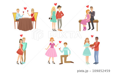 Happy Romantic Loving Couples Collection, Young Men and Women on Date, Walking, Hugging, Making Proposal, Having Dinner Vector Illustration Happy Romantic Loving Couples Collection, Young Men and Women on Date, Walking, Hugging, Making Proposal, Having Dinner Vector Illustration 109852459