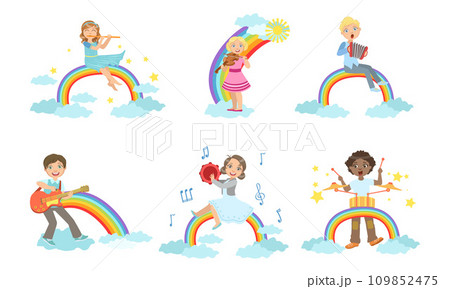 Children Playing Musical Instruments while Sitting on Rainbow Set, Boys and Girls Playing Flute, Violin, Accordion, Guitar, Tambourine, Drum Vector Illustration 109852475
