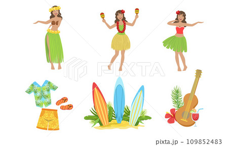 Collection of Traditional Symbols of Hawaiian Culture, Beautiful Girls Dancing in Traditional Costume Vector Illustration 109852483