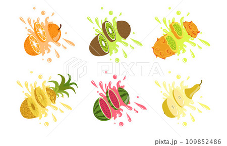 Sweet Tropical Fruits and Splashes Set, Orange, Kiwi, Kiwano Melon, Pineapple, Watermelon, Pear Vector Illustration 109852486