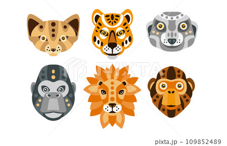 Collection of Animal Heads with Tribal Ethnic Ornament, Fox, Tiger, Raccoon, Monkey, Lion, Gorilla Vector Illustration 109852489