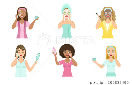Beautiful Girls Applying Different Facial Masks for Skin Care and Treatment Set Vector Illustration Beautiful Girls Applying Different Facial Masks for Skin Care and Treatment Set Vector Illustration 109852490