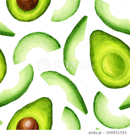 Avocado half seamless pattern. Avocado tropical fresh fruit hand draw watercolor illustration. For textile, paper, wallpaper, design. 109852583