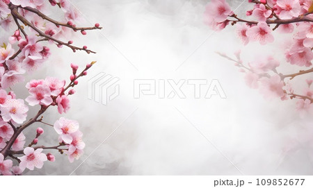 Soft pink sakura blossoms framing a misty white background, ideal for springtime designs 109852677