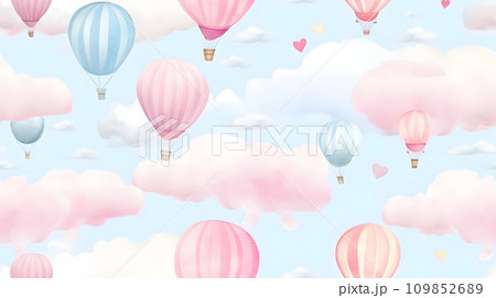 Colorful balloons floating in a candy-colored sky, peaceful, playful, watercolor seamless pattern 109852689