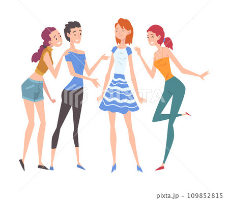 Beautiful Girls Dressed in Trendy Clothes Standing and Talking to Each Other, Group of Girlfriends, Female Friendship Vector Illustration 109852815