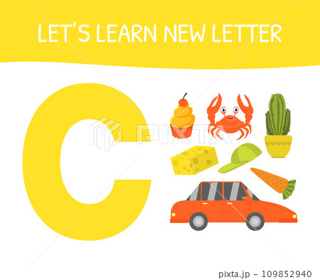 Lets Learn New Letter A, Educational Game for Preschool Kids, Cupcake, Crab, Cactus, Cap, Carrot, Car, Cheese Vector Illustration Lets Learn New Letter A, Educational Game for Preschool Kids, Cupcake, Crab, Cactus, Cap, Carrot, Car, Cheese Vector Illustration 109852940
