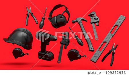 Flying view of monochrome construction tools for repair on red background Flying view of monochrome construction tools for repair on red background 109852958
