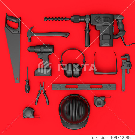 Top view of monochrome construction tools for repair on red background 109852986