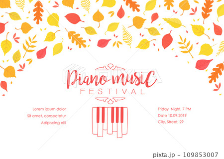 Piano Music Festival Banner Template with Autumn Leaves, Music Show Promotion Advertisement Vector Illustration 109853007