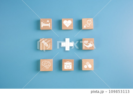 Medical health, patient and hospital concept.wooden blocks with stethoscope,heart and medical instrument icons. 109853113