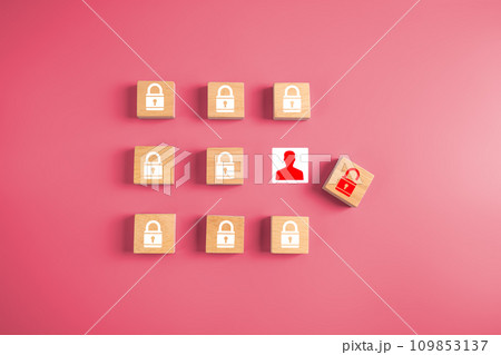 Data Security system and cyber security concept.one padlock unlock with hacker.Data Security system concept, Business man is logging into system by mobile phone and  touch security icon, innovation 109853137