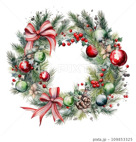 Watercolor christmas wreath decorated with baubles and stars on white background 109853325