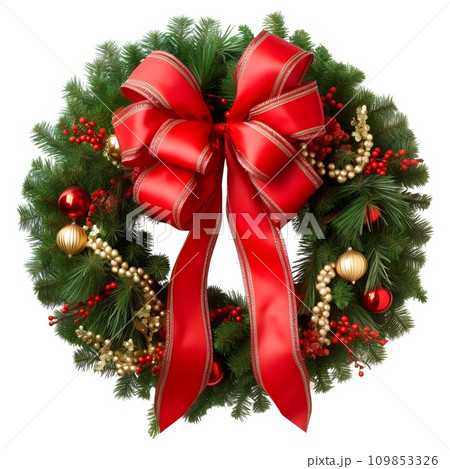 Festive Christmas wreath adorned with a large red ribbon, golden baubles, and holly berries, white background Festive Christmas wreath adorned with a large red ribbon, golden baubles, and holly berries, white background 109853326