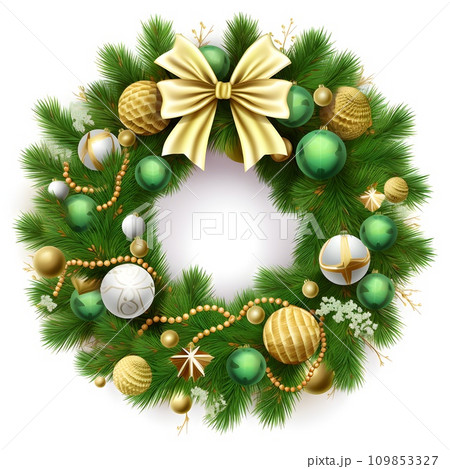 Festive Christmas wreath adorned with a large red ribbon, golden baubles, and holly berries, white background Festive Christmas wreath adorned with a large red ribbon, golden baubles, and holly berries, white background 109853327