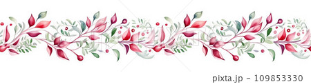 Seamless border with red poinsettias and berries, perfect for holiday designs. Seamless border with red poinsettias and berries, perfect for holiday designs. 109853330