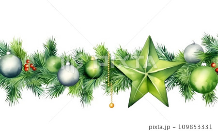 Watercolor christmas tree branches decorated with baubles and stars on white background 109853331