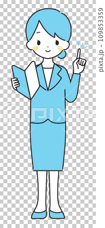 Light blue | Woman in suit holding beginner's mark | Pointing 109853359