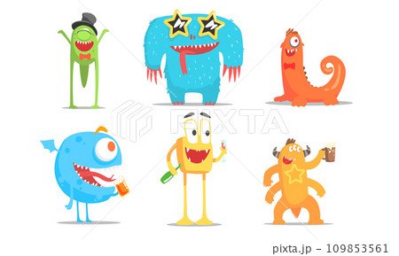 Cute Cartoon Monsters Characters Set, Funny Party Design Elements Vector Illustration 109853561