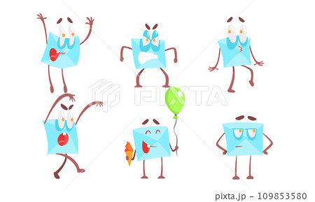 Cute Paper Envelopes Cartoon Characters Set, Funny Letter with Various Emotions Vector Illustration 109853580