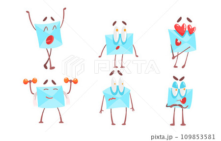 Paper Envelopes Cartoon Characters Set, Funny Letter with Various Emotions Vector Illustration 109853581