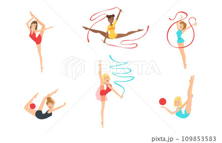 Colection of Gymnast Women Performing Rhythmic Gymnastics Elements with Balls and Ribbons Vector Illustration 109853583