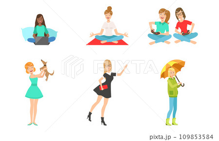 Young Women Daily Routines Set, Girls Working with Laptop, Meditating, Playing Computer Games, Playing with Dog, Working with Umbrella Vector Illustration Young Women Daily Routines Set, Girls Working with Laptop, Meditating, Playing Computer Games, Playing with Dog, Working with Umbrella Vector Illustration 109853584
