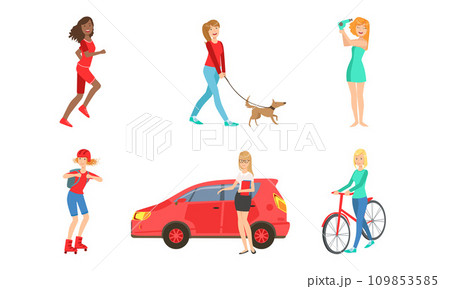 Young Women Daily Activities Set, Girls Shopping, Doing Sports, Walking with Dog, Drying Hair, Girl Rollerblading, Riding Bicycle, Driving Car Vector Illustration 109853585