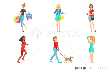 Young Women Daily Activities Set, Girls Shopping, Doing Sports, Walking with Dog, Drying Hair Vector Illustration Young Women Daily Activities Set, Girls Shopping, Doing Sports, Walking with Dog, Drying Hair Vector Illustration 109853586