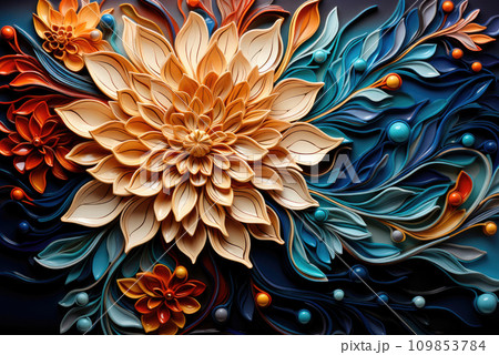 Floral pattern of blue and beige flowers 109853784
