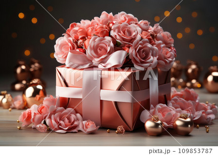 Gift box with a bow and pink roses. Valentine's Day Holiday Card or birthday 109853787