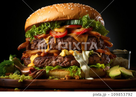 Beef burgers on wooden plate 109853792