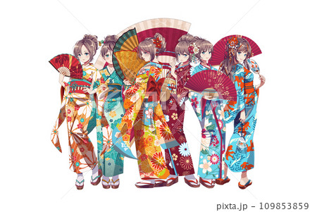 Group of anime manga girls in kimono holding paper fan Group of anime manga girls in kimono holding paper fan 109853859
