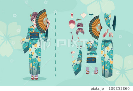 Anime girl in kimono with handheld paper fan characters for animation Anime girl in kimono with handheld paper fan characters for animation 109853860