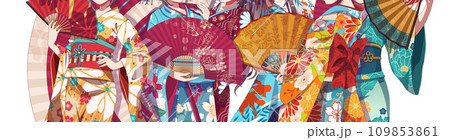 Group of anime manga girls in kimono holding paper fan Group of anime manga girls in kimono holding paper fan 109853861